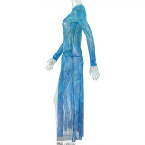 SC Long Sleeve Print Color Block Split Maxi Dress GJYO-303855