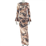 SC Flare Long Sleeve Print Maxi Dress GJYO-303879