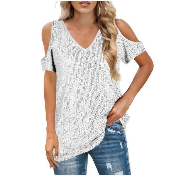 SC Plus Size Loose V Neck Sequin Short Sleeve Tops GOSD-10242