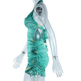 SC Print Halberneck Drawstring Mini Dress GJYO-756906