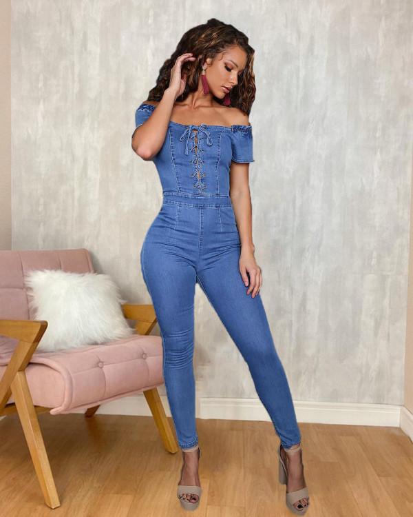 SC Plus Size Off Shoulder Bnadage Sexy Denim Jumpsuit LX-6894