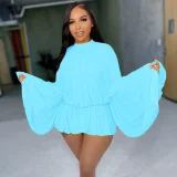 SC Solid Color Ruffles Lantern Sleeve Short Suit MDF-ZL5553