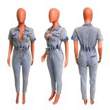 SC Fashion Washed Drawstring Tie Up Denim Jumpsuit LX-3560