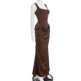 SC Solid Color Sling Square Neck Maxi Dress GSZM-D25DS511