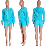SC Solid Color Long Sleeve Coat Two Piece Shorts Set HMS-5491