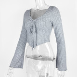 SC V Neck Drawstring Flare Sleeve Short Tops GZJF-2582