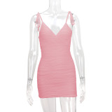 SC V Neck Tie Up Backless Mini Dress YMYF-9256