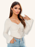SC V Neck Drawstring Flare Sleeve Short Tops GZJF-2582