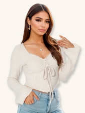 SC V Neck Drawstring Flare Sleeve Short Tops GZJF-2582