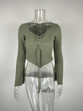 SC V Neck Drawstring Flare Sleeve Short Tops GZJF-2582