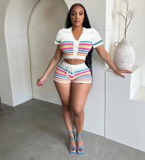 SC Stripe Knits Two Piece Shorts Set QXTF-83028
