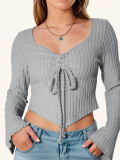 SC V Neck Drawstring Flare Sleeve Short Tops GZJF-2582
