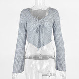 SC V Neck Drawstring Flare Sleeve Short Tops GZJF-2582
