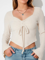 SC V Neck Drawstring Flare Sleeve Short Tops GZJF-2582