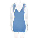 SC V Neck Tie Up Backless Mini Dress YMYF-9256