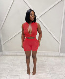 SC Sleeveless Solid Color Sweater Two Piece Shorts Set QXTF-83027