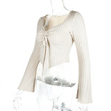 SC V Neck Drawstring Flare Sleeve Short Tops GZJF-2582