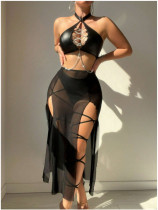 SC Hollow Out Cord-through Leather Halterneck Lingerie Set YQ-8250