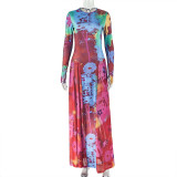 SC Long Sleeve Print Ruched Maxi Dress GJYO-303717