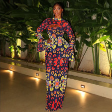 SC Print Hollow Out Flare Sleeve Maxi Dress GJYO-303678