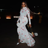 SC Print Long Sleeve Ruched Ruffles Maxi Dress GJYO-303710