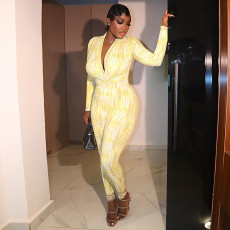 SC V Neck Print Ruched Slim Jumpsuit GJYO-006293