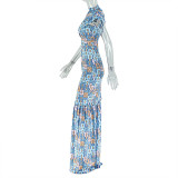 SC Short Sleeve Print Split Maxi Dress GJYO-303625
