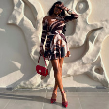 SC Off Shoulder Print Long Sleeve Mini Dress GJYO-303610