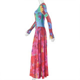 SC Long Sleeve Print Ruched Maxi Dress GJYO-303717