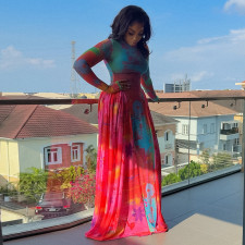 SC Long Sleeve Print Ruched Maxi Dress GJYO-303717