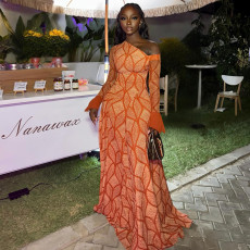 SC Single Shoulder Long Sleeve Print Maxi Dress GJYO-303709