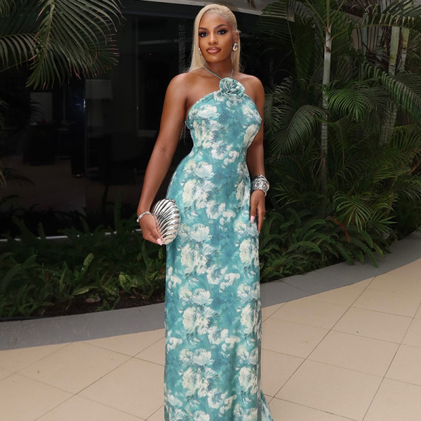 SC Print Halterneck Backless Maxi Dress GJYO-302503