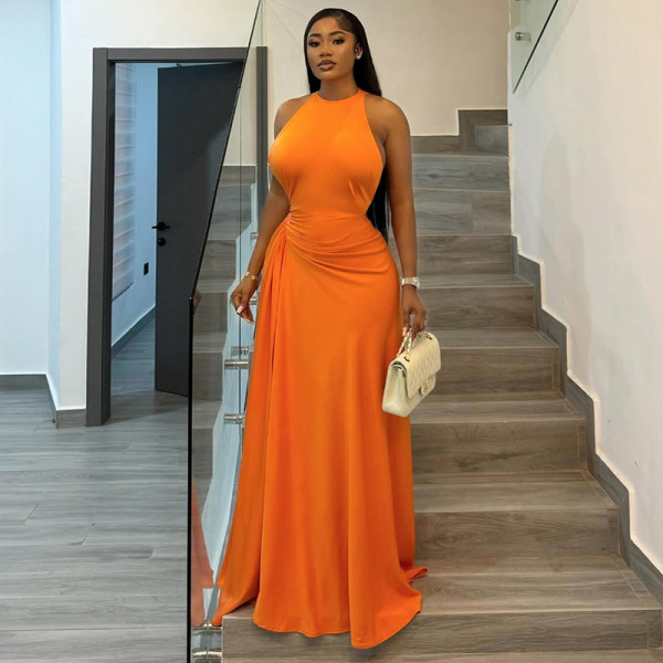 SC Solid Color Sleeveless Ruched Maxi Dress GJYO-303195
