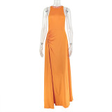 SC Solid Color Sleeveless Ruched Maxi Dress GJYO-303195