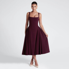 SC Square Neck Solid Color Big Swing Midi Dress GAXB-A704DS