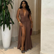 SC Halterneck Deep V Neck Solid Color Maxi Dress GJYO-300950
