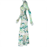 SC Ruched Print Long Sleeve Two Piece Skirts Set GJYO-711750