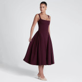 SC Square Neck Solid Color Big Swing Midi Dress GAXB-A704DS