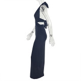 SC Solid Color Ruched Halterneck Backless Maxi Dress GJYO-302970