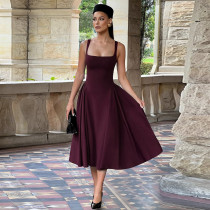 SC Square Neck Solid Color Big Swing Midi Dress GAXB-A704DS