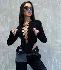 SC Hollow Out Tie Up Patchwork Bodysuit GAXB-W256BS
