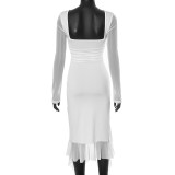 SC Mesh Patchwork Long Sleeve Ruffles Midi Dress GAXB-W233DS
