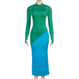 SC Color Block Long Sleeve Slim Maxi Dress GAXB-A397DS