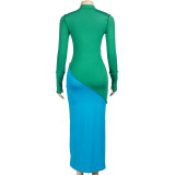 SC Color Block Long Sleeve Slim Maxi Dress GAXB-A397DS