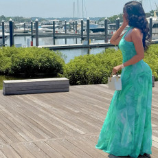 SC Off Shoulder Print Ruched Maxi Dress GJYO-303135