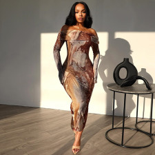 SC Print Off Shoulder Long Sleeve Maxi Dress GJYO-300115