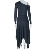 SC Slash Shoulder Solid Color Irregular Dress GJYO-302302