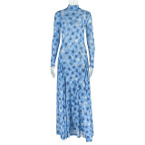 SC Long Sleeve Print High Collar Maxi Dress GJYO-303028