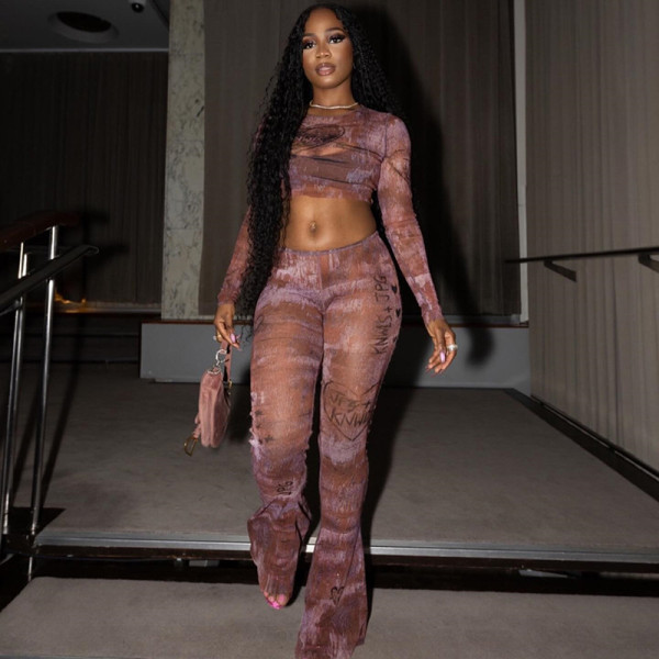 SC Long Sleeve Mesh Print Tops Two Piece Pants Set GJYO-919102