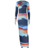 SC Long Sleeve Color Block Print Maxi Dress GJYO-302303